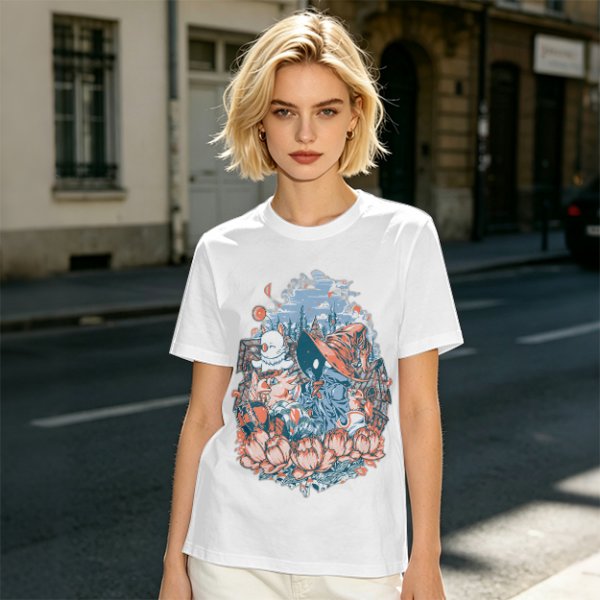 Olive T-Shirt with Whimsical Fantasy Character and Floral Art Print