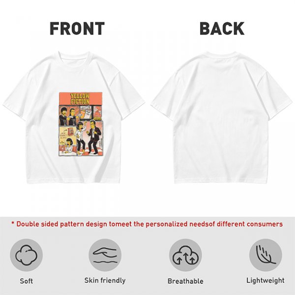 Olive green t-shirt with Yellow Fiction Simpson-style Pulp Fiction dance print