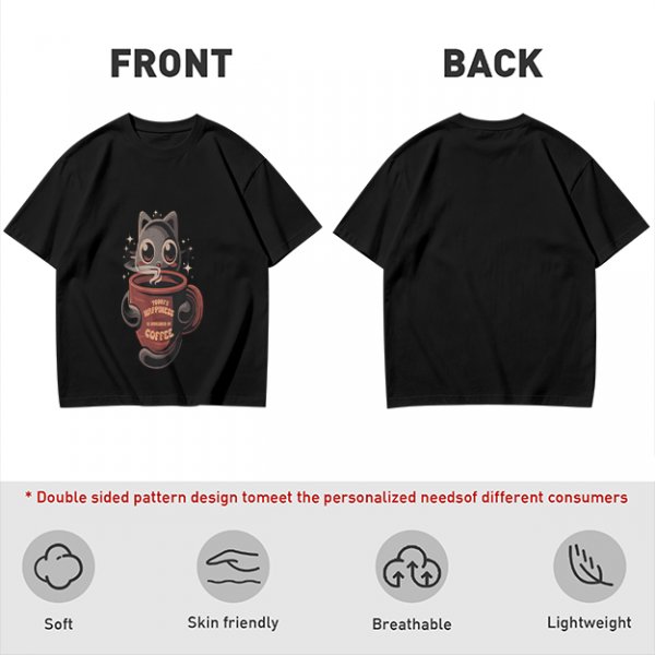 Olive t-shirt with a cartoon cat and coffee cup graphic