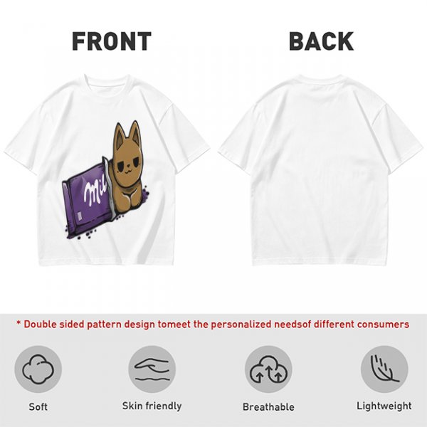 Olive T-shirt with a cartoon cat emerging from a purple chocolate wrapper print