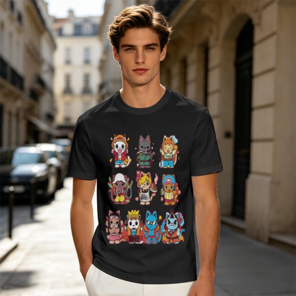 Olive T-Shirt With Cute Anime Cat Character Print