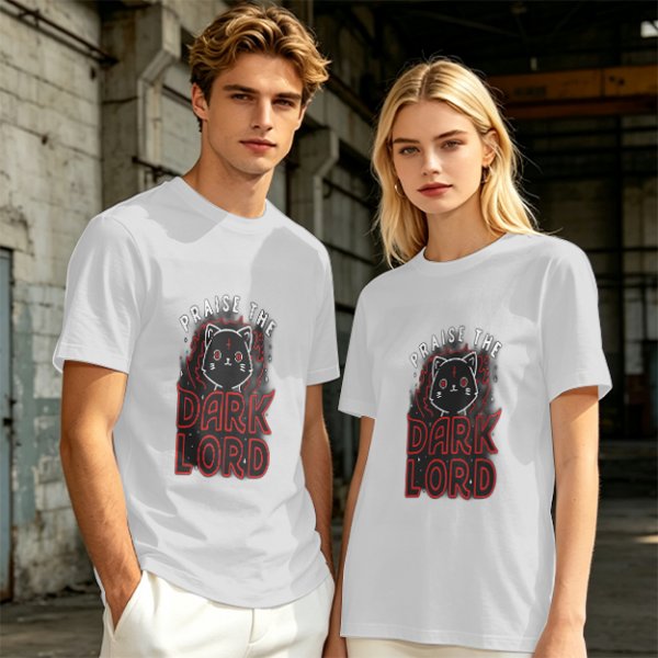 Olive t-shirt with 'Praise the Dark Lord' and dark cat graphic