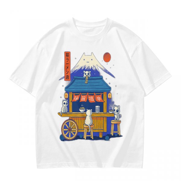 Olive t-shirt with cat ramen stall and Mount Fuji graphic