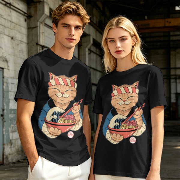 Olive T-Shirt with Japanese Ramen Chef Cat Graphic