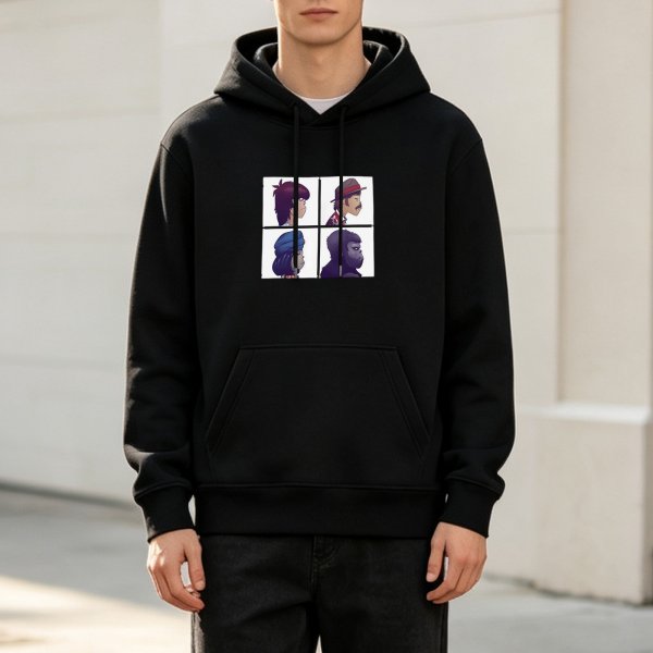 Black hoodie with four side-profile character grid graphic print
