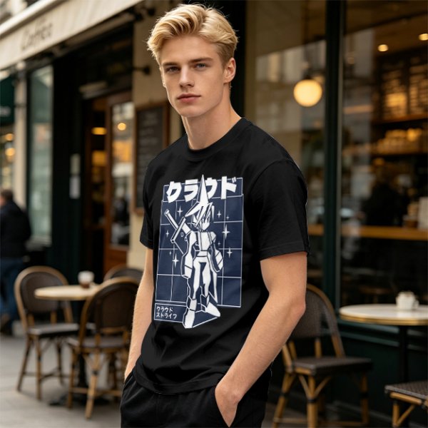 Olive t-shirt with stylized anime warrior graphic and Japanese text