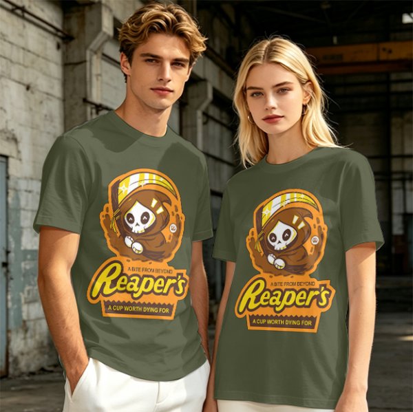 Olive green graphic t-shirt with cute reaper coffee themed print