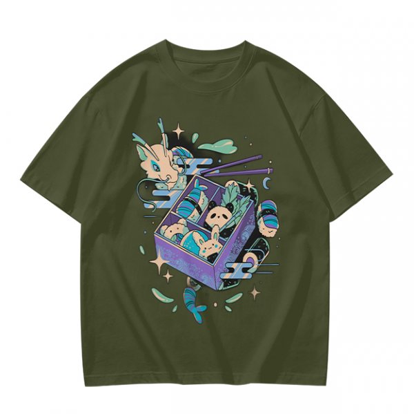 Olive t-shirt with whimsical bento box animal graphic print