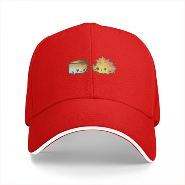 Black baseball cap with cute roasted marshmallow and fire graphic
