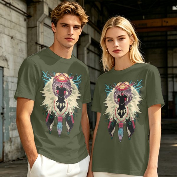 Olive Green T-Shirt With Fantasy Forest Spirit Graphic Print