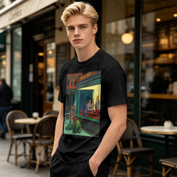 Olive T-Shirt With Surreal Bar Scene Graphic Print