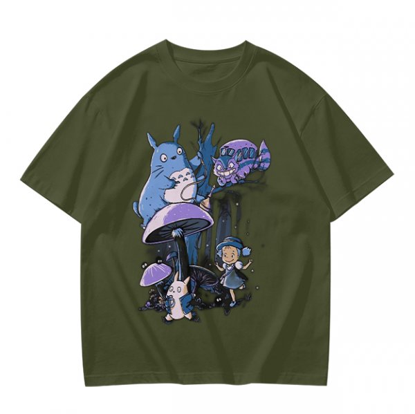 Olive T-Shirt with Whimsical Fantasy Creature and Character Print