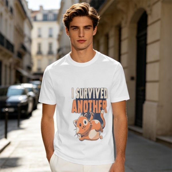 Olive T-Shirt with I Survived Another Playful Orange Cat Graphic