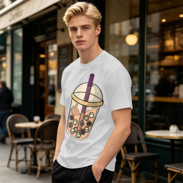 Olive T-Shirt With Halloween Themed Boba Tea Graphic