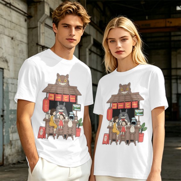 Studio Ghibli inspired coffee stand t-shirt with Totoro and friends