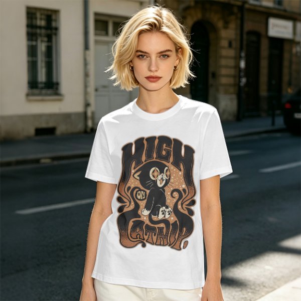Olive green graphic t-shirt with a high on catip black cat print