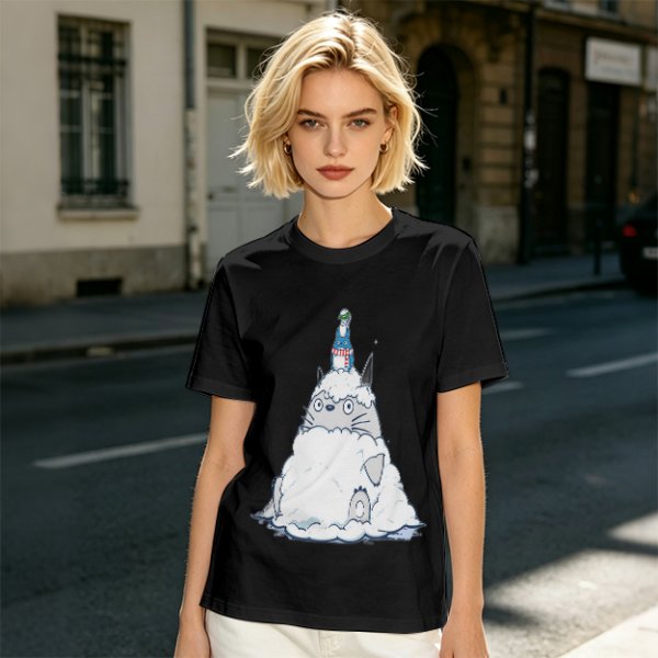 Olive T-shirt with Totoro in Snow and Small Blue Creature Print