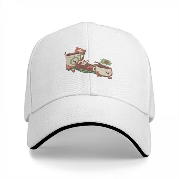 Black baseball cap with playful anthropomorphic coffee cups graphic
