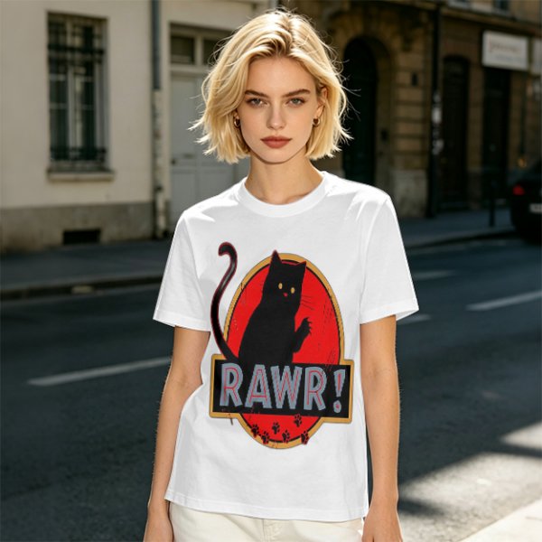 Olive T-Shirt With Black Cat Rawr Dinosaur Parody Graphic