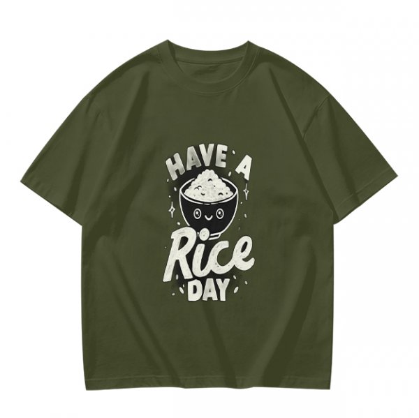 Olive t-shirt with 'Have a Rice Day' and cute rice bowl graphic