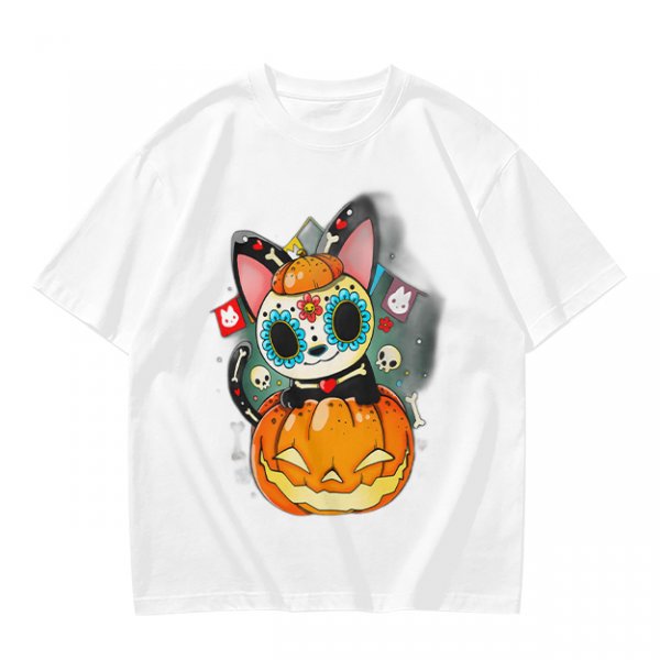 Olive t-shirt with sugar skull cat on jack-o'-lantern