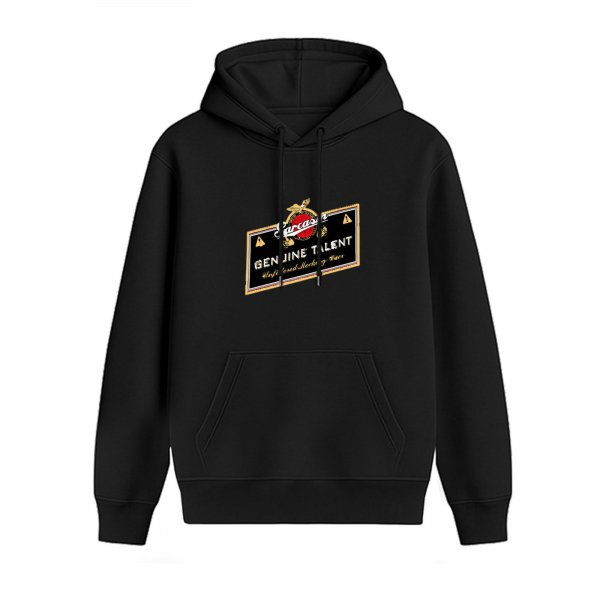 Black hoodie with 'Genuine Talent' branded graphic print