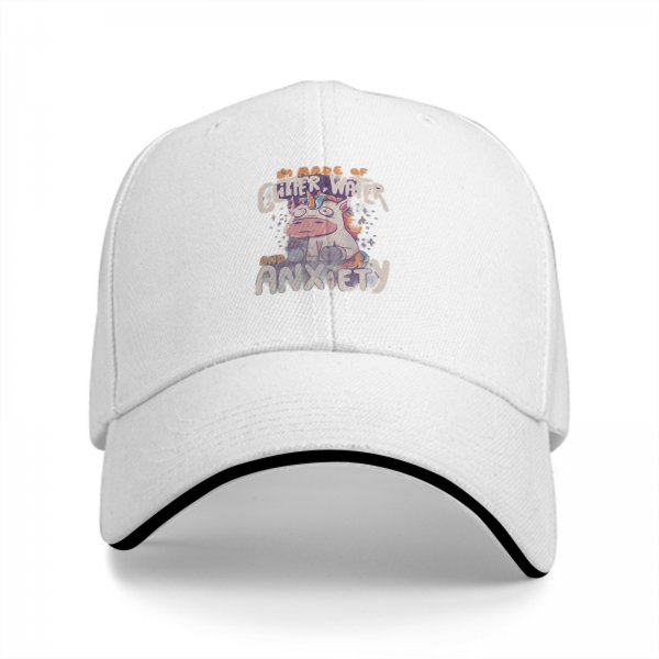 Black baseball cap with glitter water and anxiety unicorn print