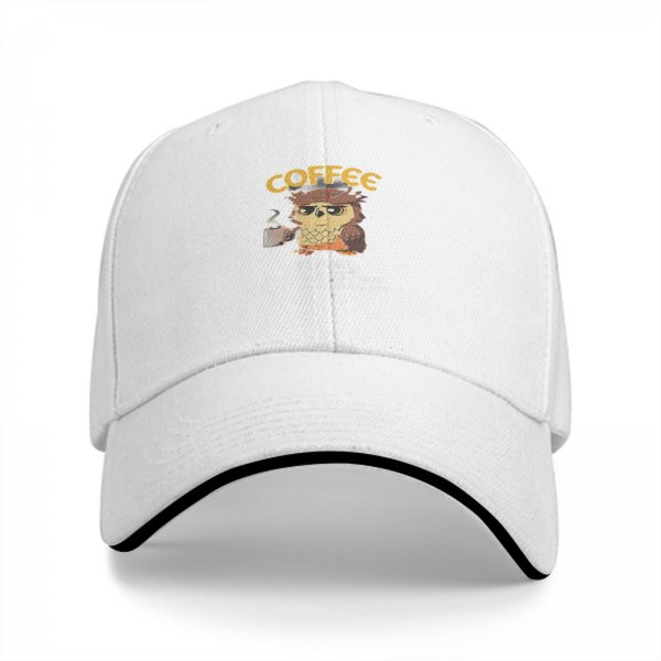Black baseball cap with grumpy owl holding coffee and 'COFFEE' text