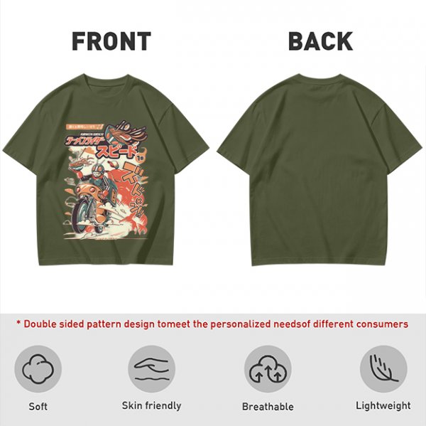 Olive green graphic tee with retro masked rider ramen motorcycle art