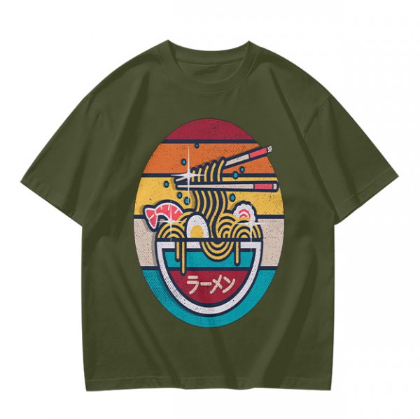 Olive T-shirt with Retro Ramen Bowl Chopsticks Graphic