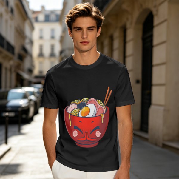 Olive T-Shirt With Cute Cartoon Ramen Bowl Graphic