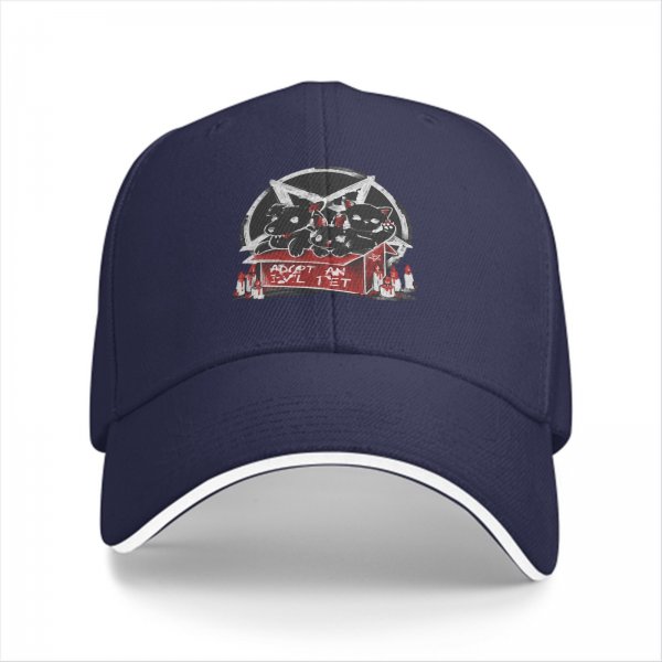 Black baseball cap with adopt an evil pet satanic cat and dog graphic