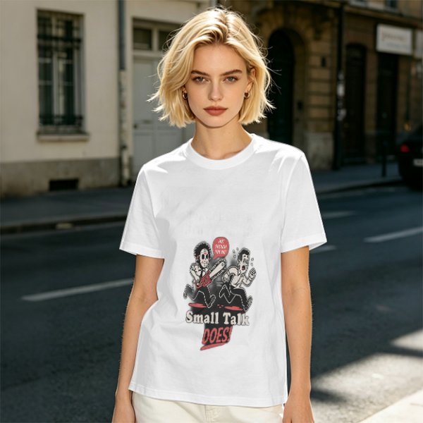 Olive graphic t-shirt with chainsaw man chasing scared person and 'Small Talk Does!' text