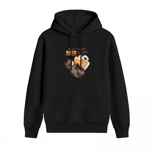 Black hoodie with raccoon holding beer and 'Don't Worry Beer Happy' print