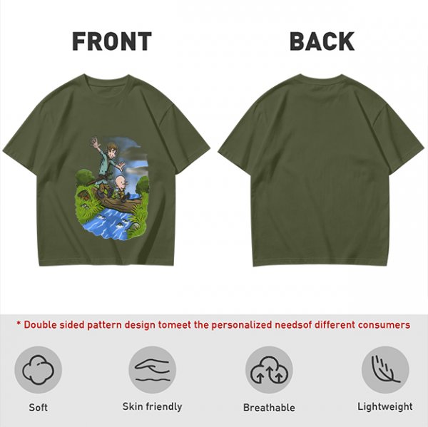 Olive T-shirt with Cartoon Boys Balancing on Log Over Stream