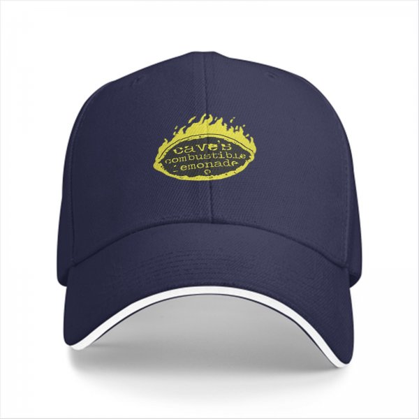 Black baseball cap with Cave's Combustible Lemonade flame logo