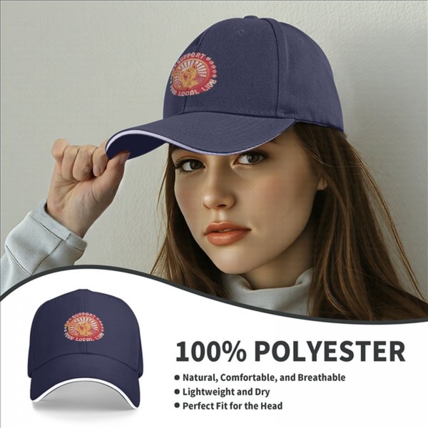 Black baseball cap with 'Support Your Local Lion' cat graphic