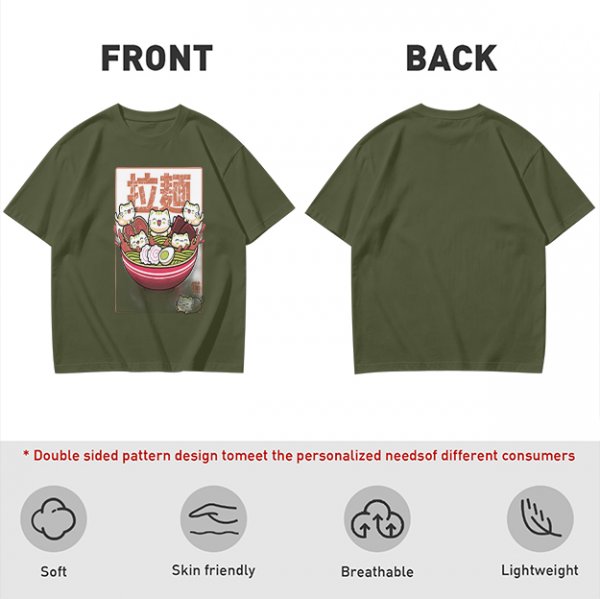 Olive T-Shirt With Cute Ramen Cat Bowl Graphic Print
