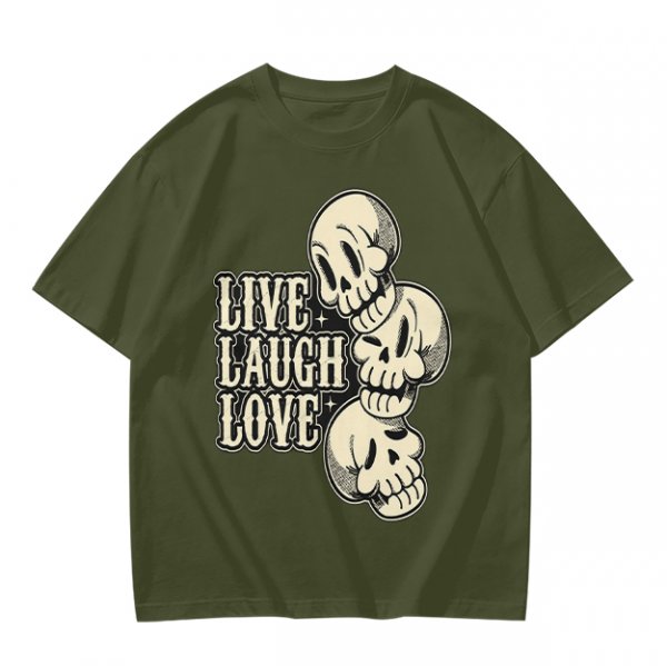 Olive Graphic T-Shirt with Live Laugh Love and Stacked Skulls