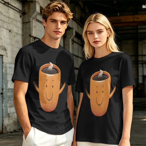 Olive Green T-Shirt With Happy Steaming Coffee Cup Graphic