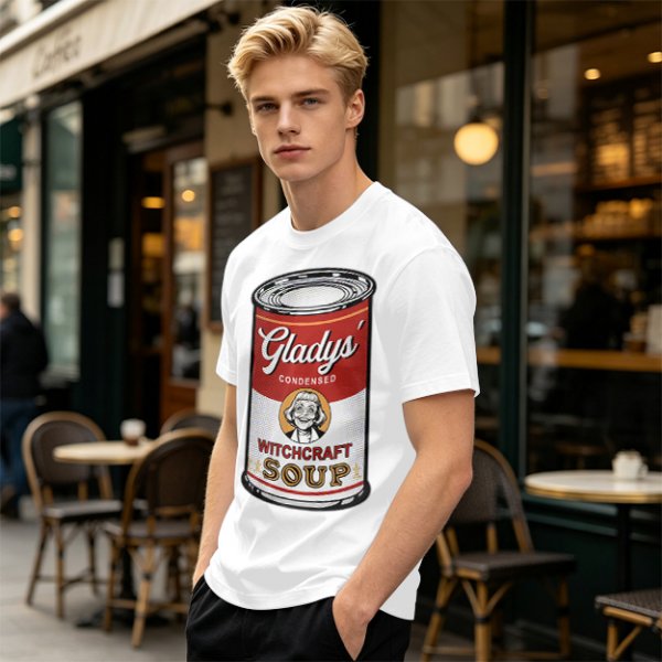 Olive T-Shirt With Gladys' Witchcraft Soup Can Graphic