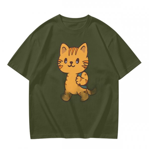 Olive T-Shirt With Cute Orange Tabby Cat Graphic