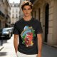 Olive green graphic t-shirt with caffeine team coffee cup and bean illustration