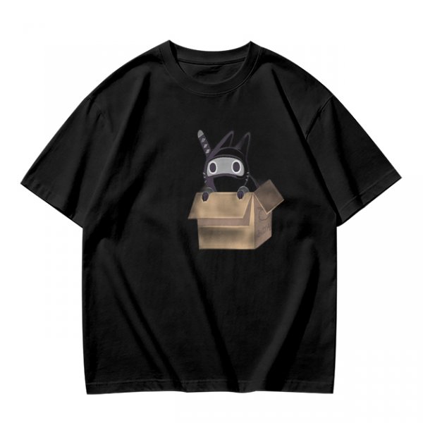 Olive Green T-Shirt With Ninja Cat In Cardboard Box Graphic