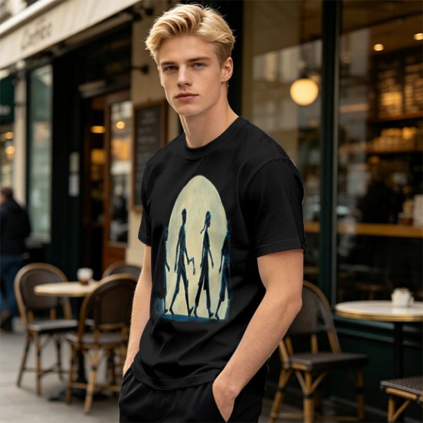 Olive T-shirt with Walking Silhouettes Under a Large Moon