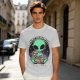 Olive green t-shirt with alien eating pizza text Just Here For The Pizza