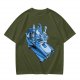 Olive T-shirt with retro blue cartoon car and characters graphic