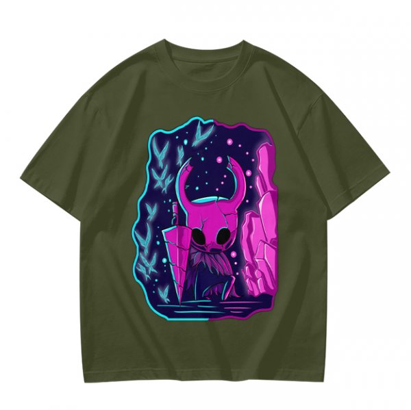 Olive Green T-Shirt With Neon Hollow Knight Character Art