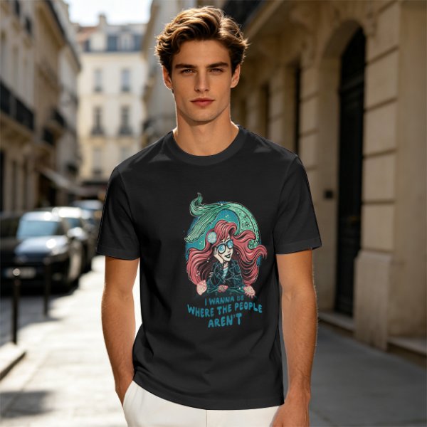 Olive t-shirt with modern mermaid graphic and 'I wanna be where the people aren't' text