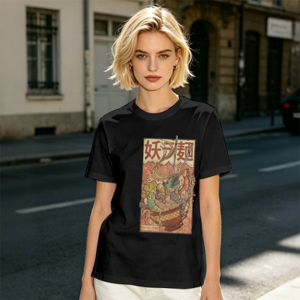 Olive T-shirt with Vintage Yokai Ramen Bowl Graphic Print